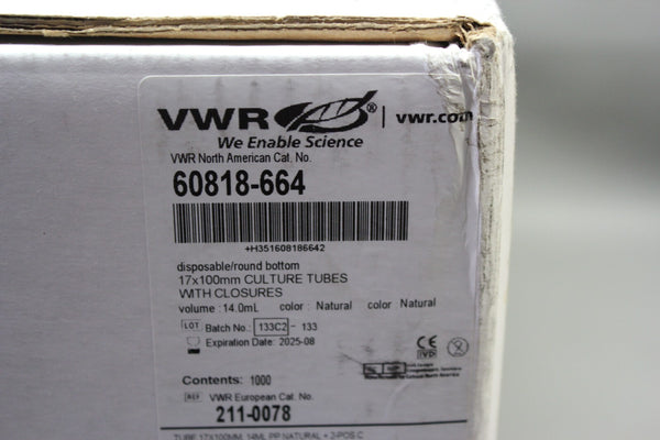 NEW VWR CULTURE TUBES W/ CLOSURES 14 ML 60819-664 1000PCS