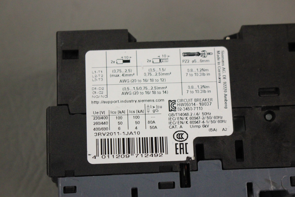 SIEMENS SIRIUS 3RV2011-1JA10 MOTOR STARTER CIRCUIT BREAKER