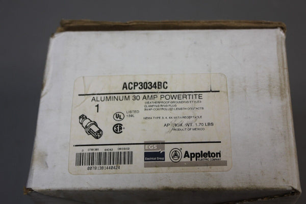 NEW APPLETON ALUMINUM 30A POWERTITE PIN & SLEEVE PLUG ACP3034BC