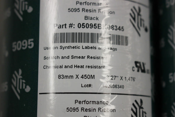LOT OF 2 NEW ZEBRA PERFORMANCE 5095 BLACK RESIN RIBBONS 05095BK08345 83MM X 450M