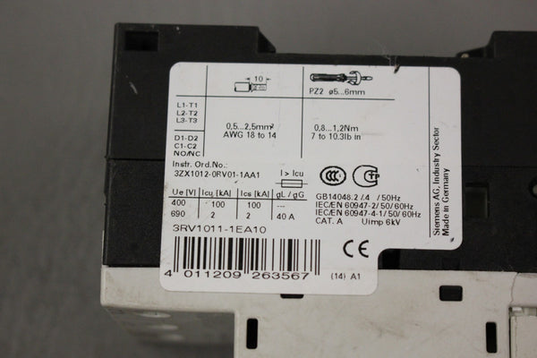 SIEMENS 3RV1011-1EA10 MOTOR STARTER CIRCUIT BREAKER
