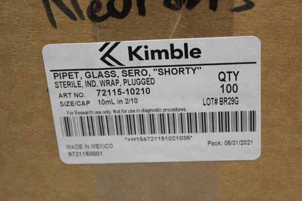 NEW BOX 100 KIMBLE 10mL GLASS SEROLOGICAL "SHORTY "PIPETTE  72115-10210