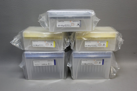 LOT OF 5 RACKS SARTORIUS OPTIFIT TIPS MISC SIZES 0.1-10, 0.5-200, 10-1000 UL