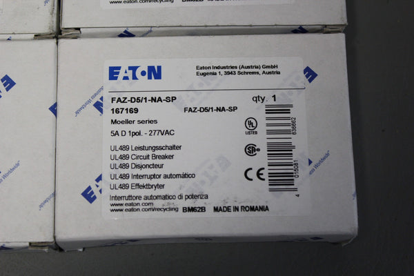 LOT OF 4 NEW EATON 5A CIRCUIT BREAKERS  FAZ-D5/1-NA-SP  167169
