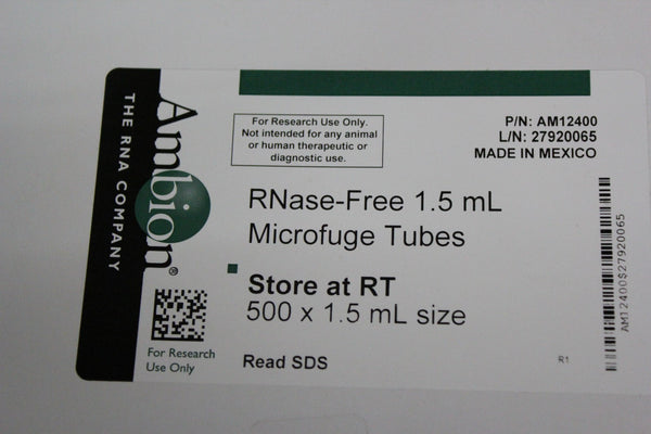 NEW CASE OF 500 AMBION RNase-FREE 1.5 mL MICROFUGE TUBES AM12400