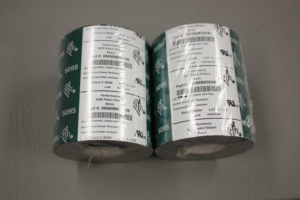 LOT OF 2 NEW ZEBRA PERFORMANCE 5095 BLACK RESIN RIBBONS 05095BK08345 83MM X 450M