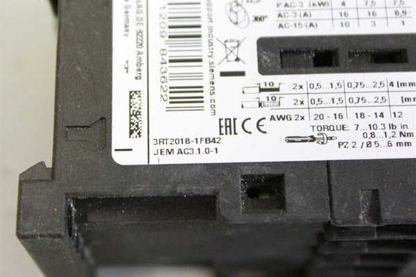 Lot of 2 Unused SIEMENS POWER CONTACTOR 3RT2018-1FB42