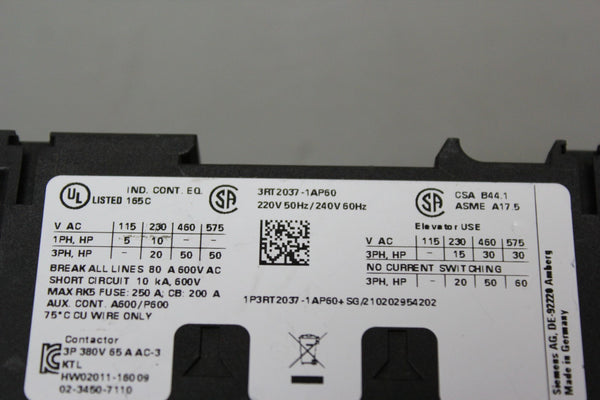 Siemens 3RT2037-1AP60 POWER CONTACTOR
