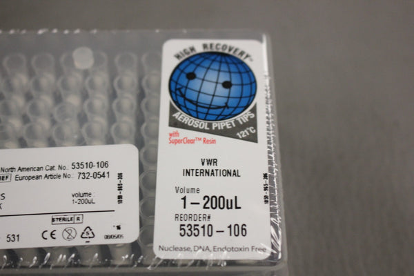 NEW VWR INTERNATIONAL STERILE AEROSOL PIPET TIPS 1-200uL 53510-106