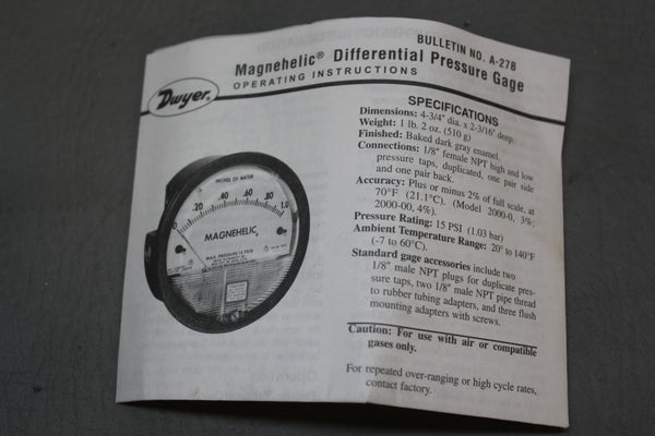 DWYER MAGNEHELIC PRESSURE GAGE MODEL 2005 *NO SCREWS*