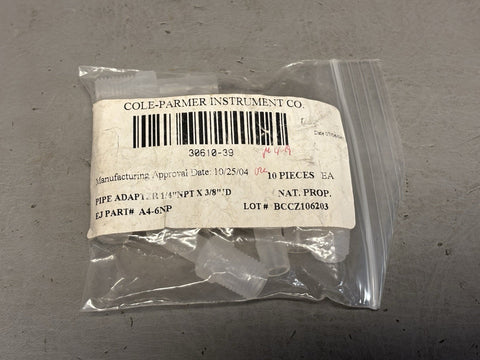 36- Cole Parmer 30610-39 Pipe Adapter 1/4" NPT x3 3/8" ID A4-6NP