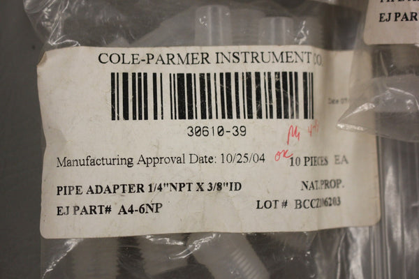 LOT OF 30 NEW COLE PARMER 30610-39 PIPE ADAPTERS 1/2NPT X 3/8 ID