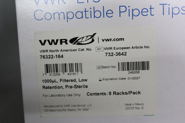 NEW CASE OF 8 RACKS OF VWR LTS COMPATIBLE PIPET PIPETTE TIPS 1000uL 76322-164