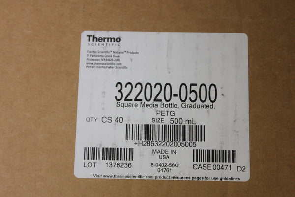 THERMO SCIENTIFIC SQUARE MEDIA BOTTLE PETG 500ML GRADUATED 20 PCS 322020-0500