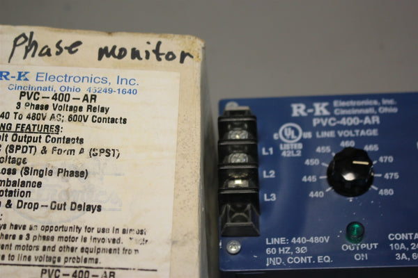 NEW R-K ELECTRONICS 3 PHASE VOLTAGE RELAY PVC-400-AR