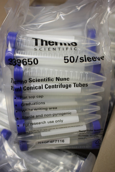 1 NEW CASE OF 500 THERMO/NUNC 15ml CONICAL CENTRIFUGE TUBES 339650