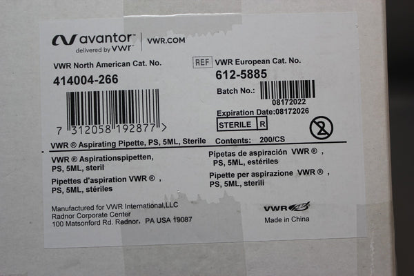 NEW BOX 200 VWR ASPIRATING PIPETTE PS 5ML STERILE 414004-266