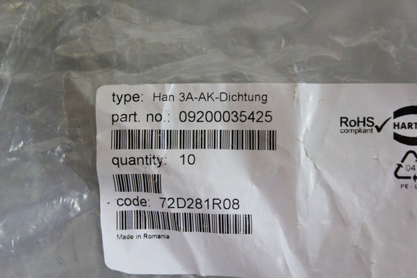 HARTING HAN 3A AK PROTECTIVE SEALING COVER SEAL UNUSED 09200035425