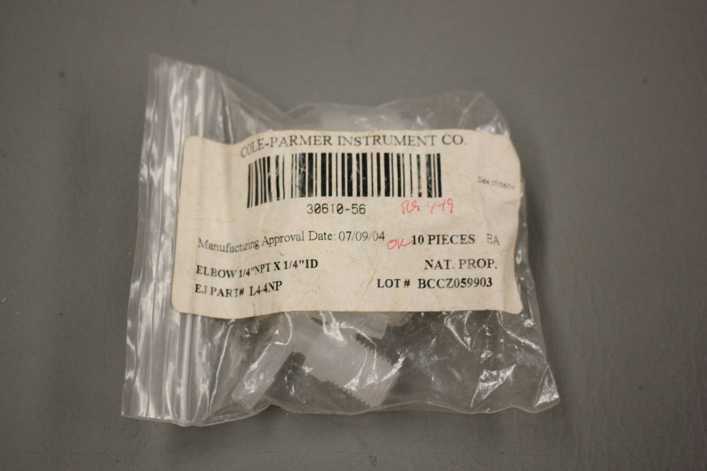 NEW LOT OF 7 COLE PARMER 30610-56 ELBOWS 1/4 NPT X 1/4 ID