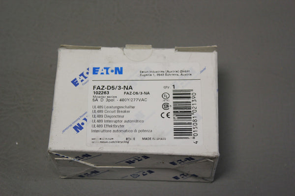 NEW EATON 5A  3 POLE CIRCUIT BREAKER  FAZ-D5/3-NA  102263