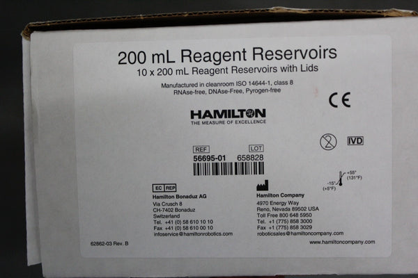 CASE OF 10 NEW HAMILTON 200ML REAGENT RESERVOIRS WITH LIDS 56695-01