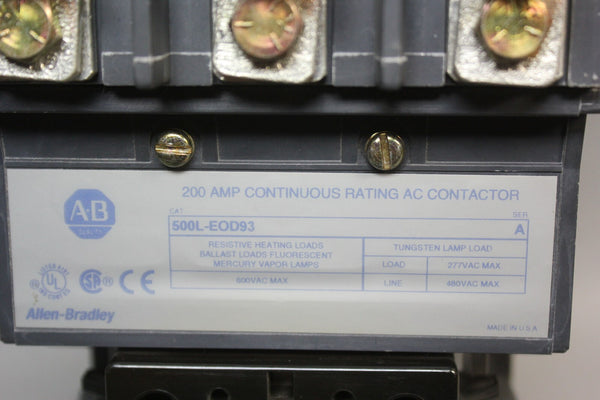 ALLEN BRADLEY 200A CONTINUOUS RATING AC CONTACTOR 500L-EOD93 A