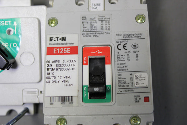 EATON 60A INDUSTRIAL CIRCUIT BREAKER W/SWITCH   EGE3060FFG ACCESSORY 140714-T