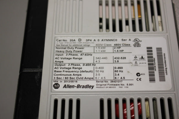 ALLEN BRADLEY POWERFLEX 2HP AC DRIVE  20AD3P4A0AYNNNC0