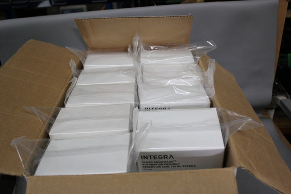 NEW CASE OF 225 INTEGRA 150ml STERILE AUTOMATION FRIENDLY RESERVOIR LIDS  6302