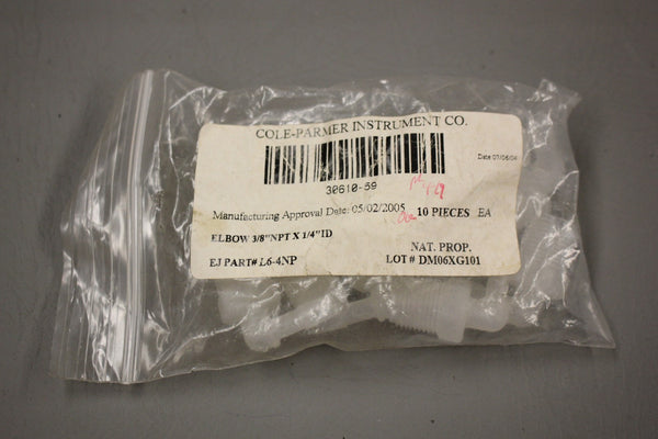 LOT OF 10 COLE PARMER 30610-59 ELBOWS 3/8 NPT X 1/4 ID