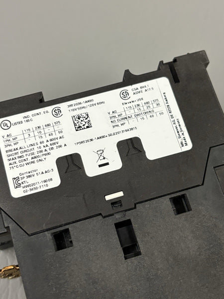 SIEMENS SIRIUS CONTACTOR 3RT2036-1AK60 3 POLE 380V 3RT20361AK60