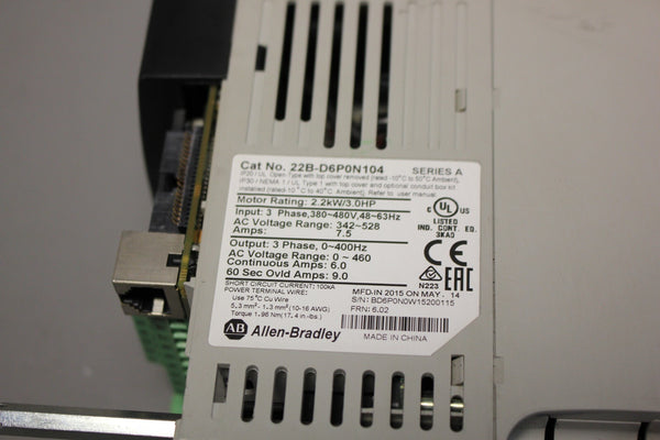 ALLEN BRADLEY POWERFLEX 3HP AC DRIVE  22B-D6P0N104 A