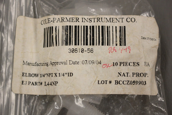 NEW LOT OF 7 COLE PARMER 30610-56 ELBOWS 1/4 NPT X 1/4 ID