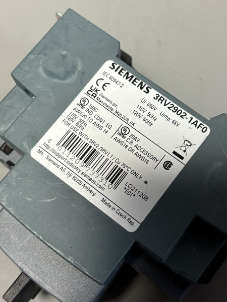 Siemens  3RV2021-4BA10  Circuit Breaker W/ 3RV2902-1AF0 UNDERVOLTAGE RELEASE