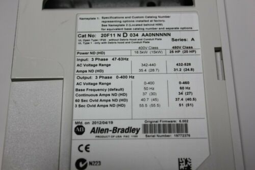Allen Bradley Powerflex 753 25HP AC Drive 20F11ND034AA0NNNNN SER.A W/ EXTRAS
