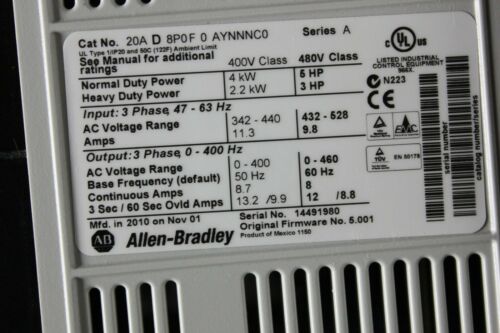 Allen Bradley PowerFlex 70 Drive 20AD8P0F0AYNNNC0 Ser.A 5HP