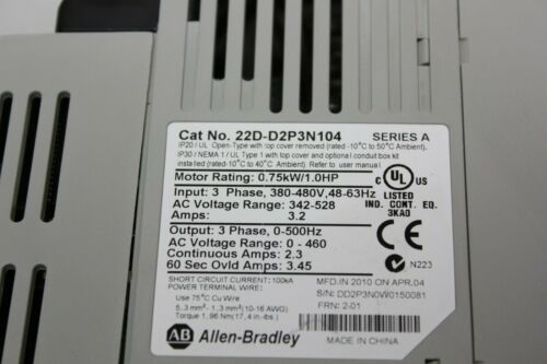 Allen Bradley Powerflex 40P 1HP AC Drive 22D-D2P3N104 SER.A W/COMM