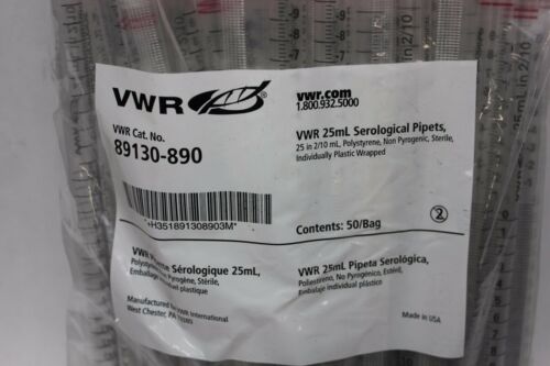 50 VWR 25mL Serological Pipets Pipet 25 in 2/10mL Polystyrene 89130-890