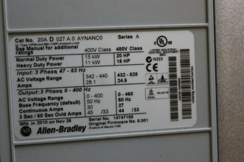 Allen Bradley Powerflex 70 20HP AC Drive 20AD027A0AYNANC0 SER.A W/ EXTRAS