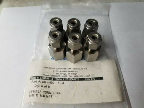 6 New Swagelok Stainless Steel Female Connector Tube Fitting 1/4" SS-400-7-4