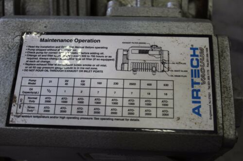 Airtech Rotary Vane Vacuum Pump With Motor L12-G1 7CFM 2.0 TORR