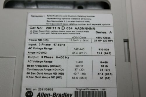 Allen Bradley Powerflex 753 25HP AC Drive 20F11ND034AA0NNNNN SER.A WITH EXTRAS