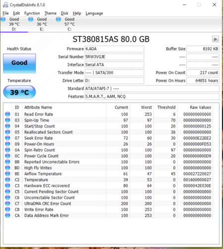 (3) SATA Hard Drives ST380815AS 80GB + ST500DM002 500GB + ST500NM0011 500GB