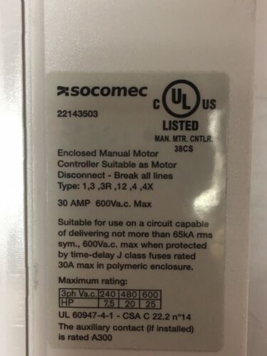 SOCOMEC Manual Motor Controller Motor disconnect 22143503 Used