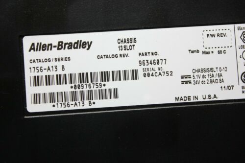 Allen Bradley 13 Slot PLC Chassis & Power Supply 1756-PA75/B A13 B Controllogix