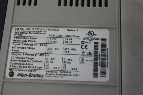 Allen Bradley Powerflex 70 15HP AC Drive 20AD022A0AYNANC0 SER.A W/ EXTRAS