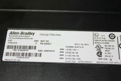 Allen Bradley 13 Slot PLC Chassis & Power Supply 1756-PB72 C A13 C Controllogix