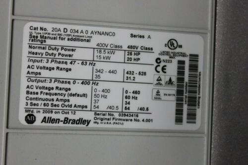 Allen Bradley Powerflex 70 25HP AC Drive 20AD034A0AYNANC0 SER.A W/ EXTRAS