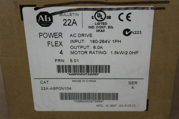 NEW ALLEN BRADLEY POWERFLEX 4 2HP AC DRIVE 22A-A8P0N104 A