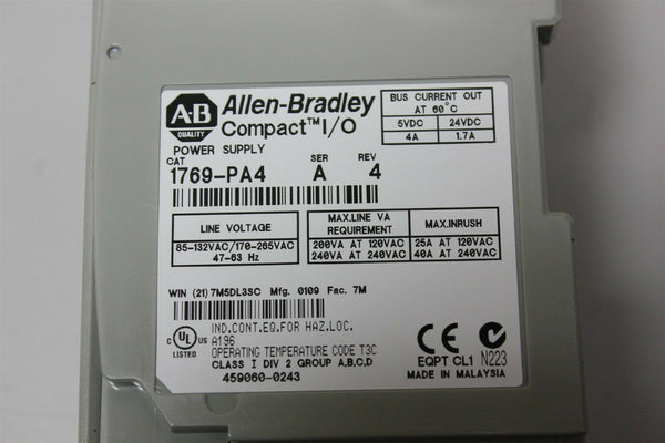 ALLEN BRADLEY COMPACTLOGIX PLC POWER SUPPLY 1769-PA4 A